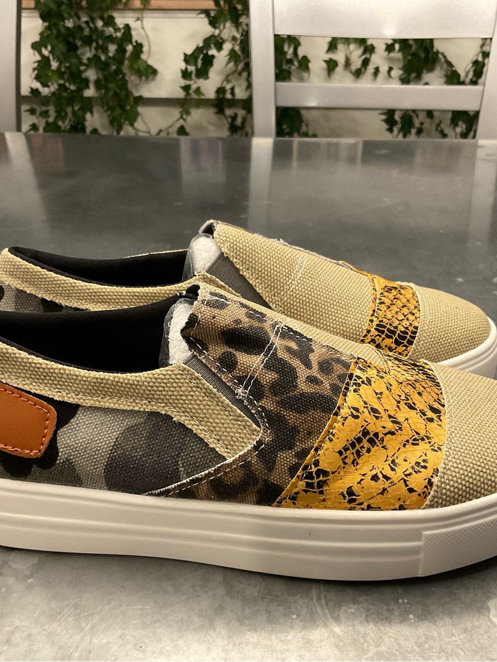 Mulberry Slip-On Flats in Beige, Yellow, Brown Animal Print